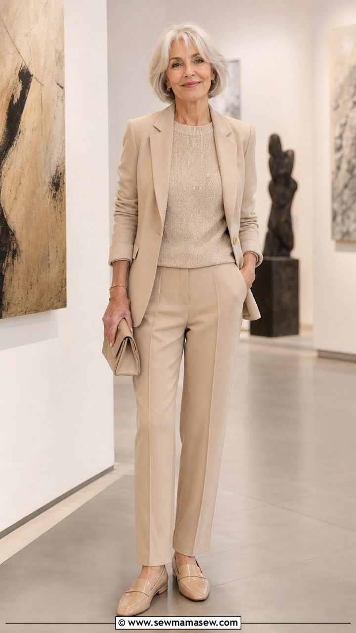 Monochromatic Beige Ensemble with Structured Accessories - 35 Petite outfit ideas for women over 60