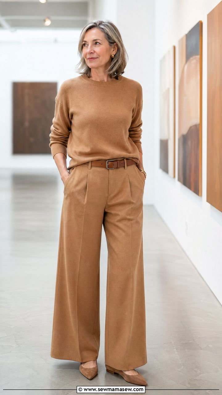 Monochromatic Camel Outfit With Sweater And Wide Leg Trousers - 35 Classy outfits for women over 50