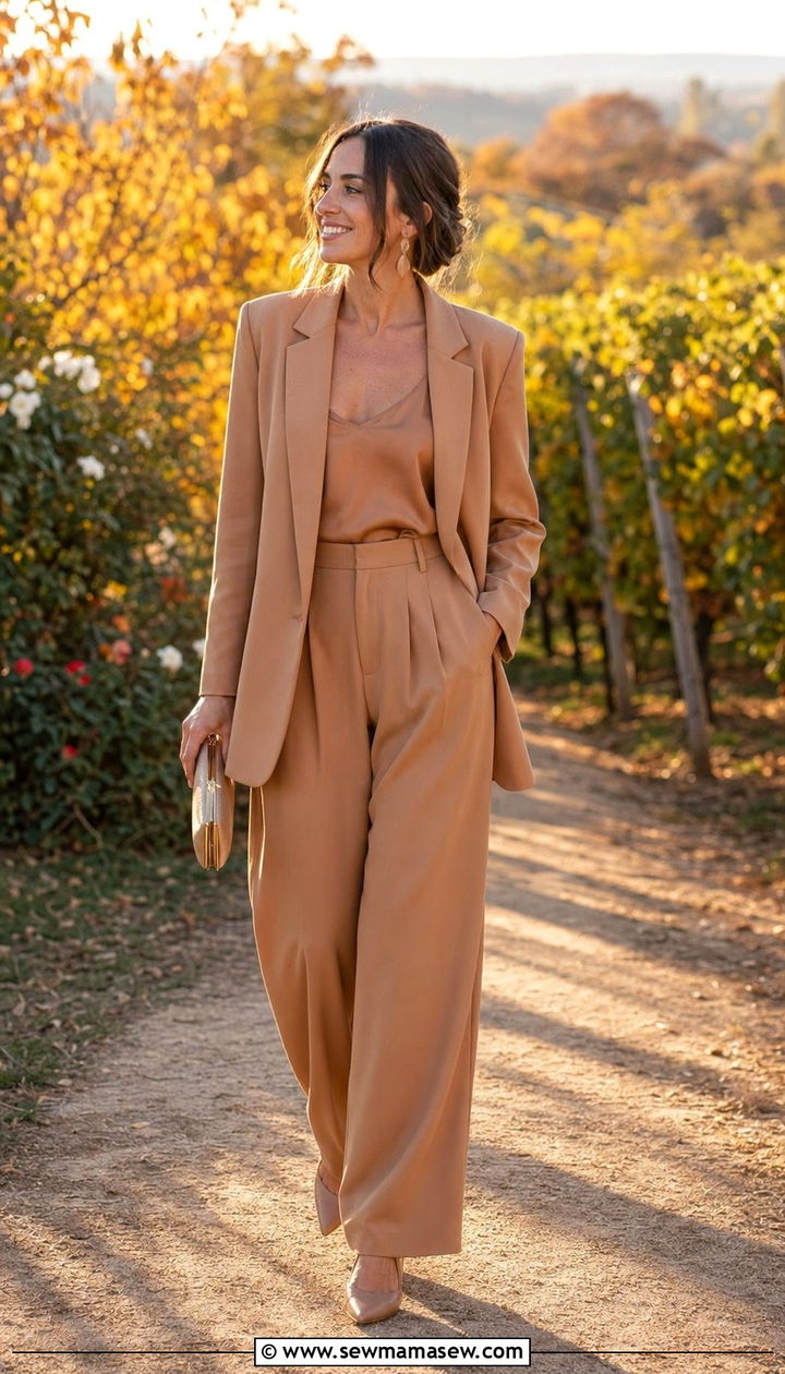 Monochromatic Camel Tone Pantsuit Outfit - 30 Wedding guest outfits with pants