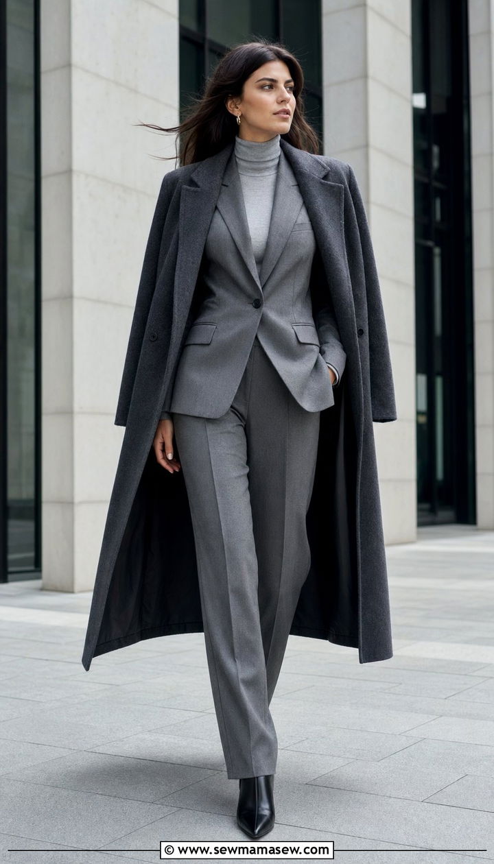 Monochromatic Grey Suit Set With a Long Coat - 30 50 degree weather outfits