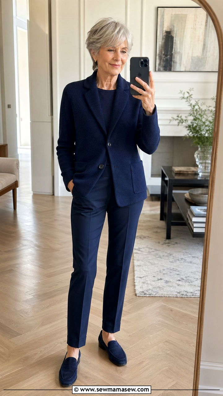 Monochromatic Navy Blue Tailored Ensemble - 35 Petite outfit ideas for women over 60
