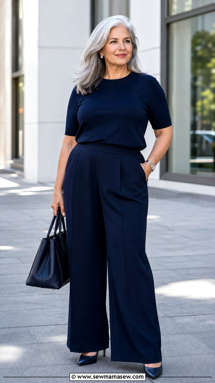 Monochromatic Navy Wide Leg Trousers - 35 Plus size outfits for women over 50