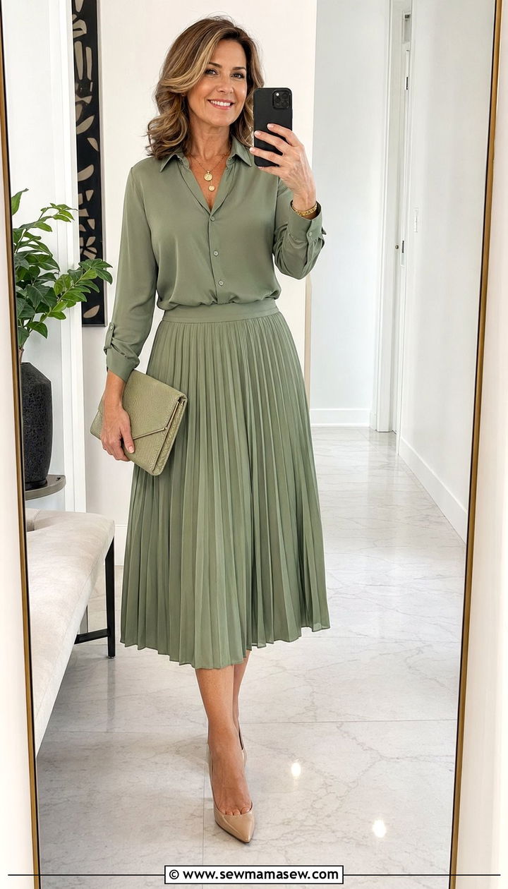 Monochromatic Pleated Skirt and Button Up - 30 What to wear to brunch over 40