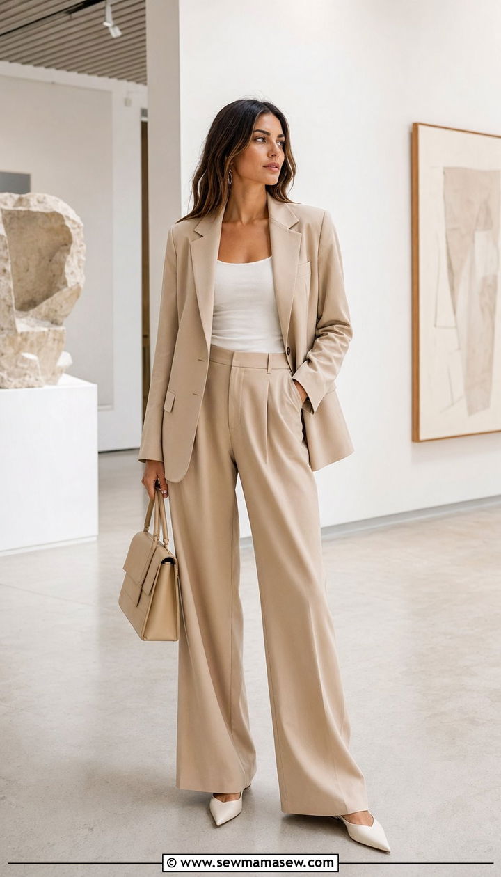 Monochromatic beige blazer and trousers - 35 Museum visit outfit ideas