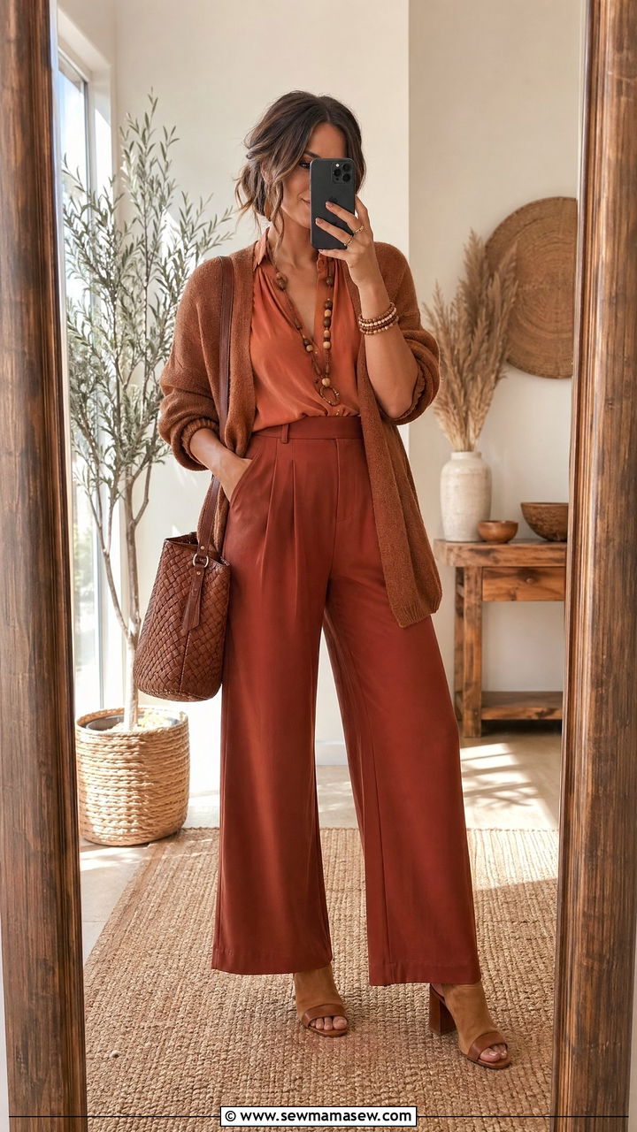 Monochromatic earth tone ensemble - 35 transitional boho outfit ideas