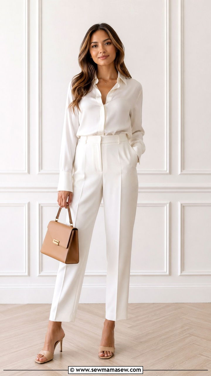 Monochrome All White Outfit With Nude Accessories - 30 spring office party outfit ideas