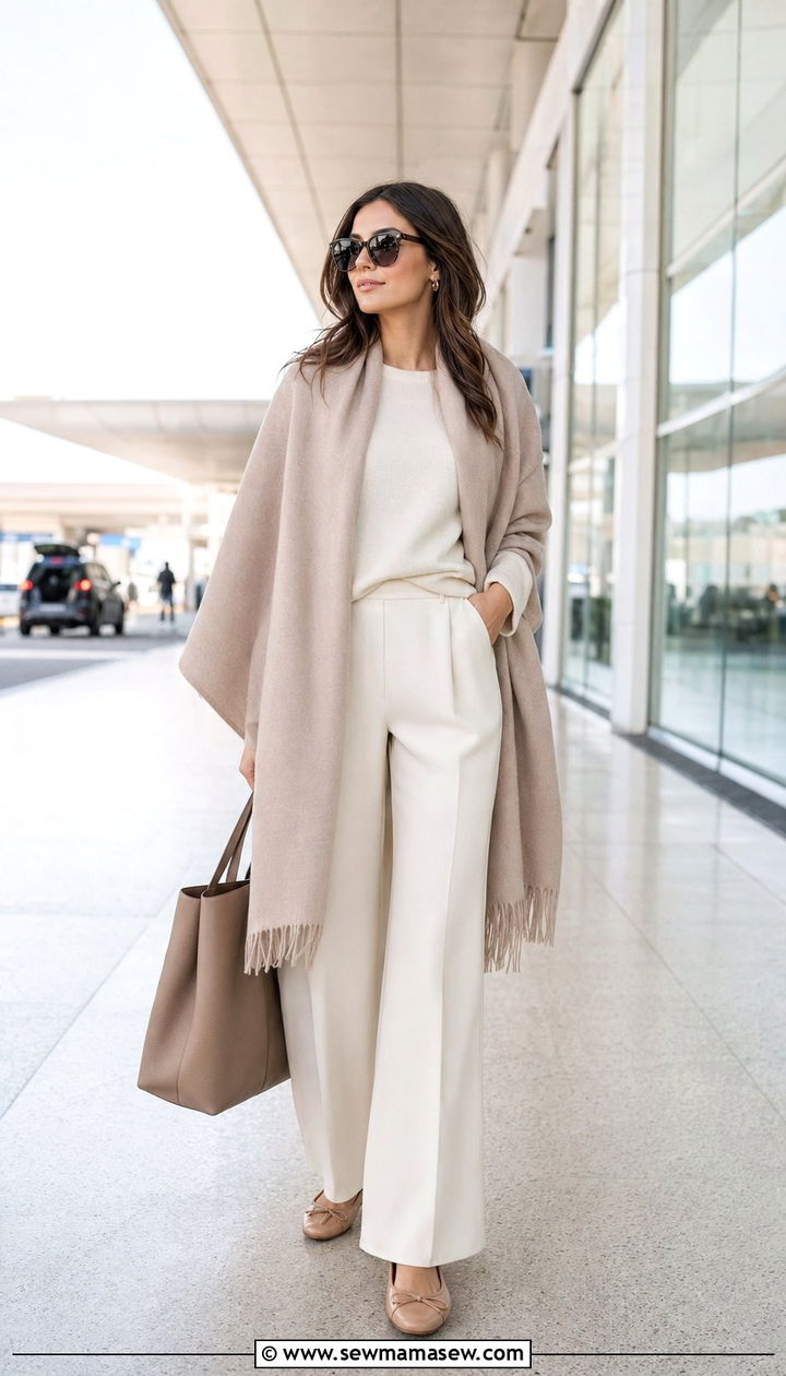 Monochrome Beige Ensemble With Cashmere Wrap - 30 Airport outfit ideas long haul flight