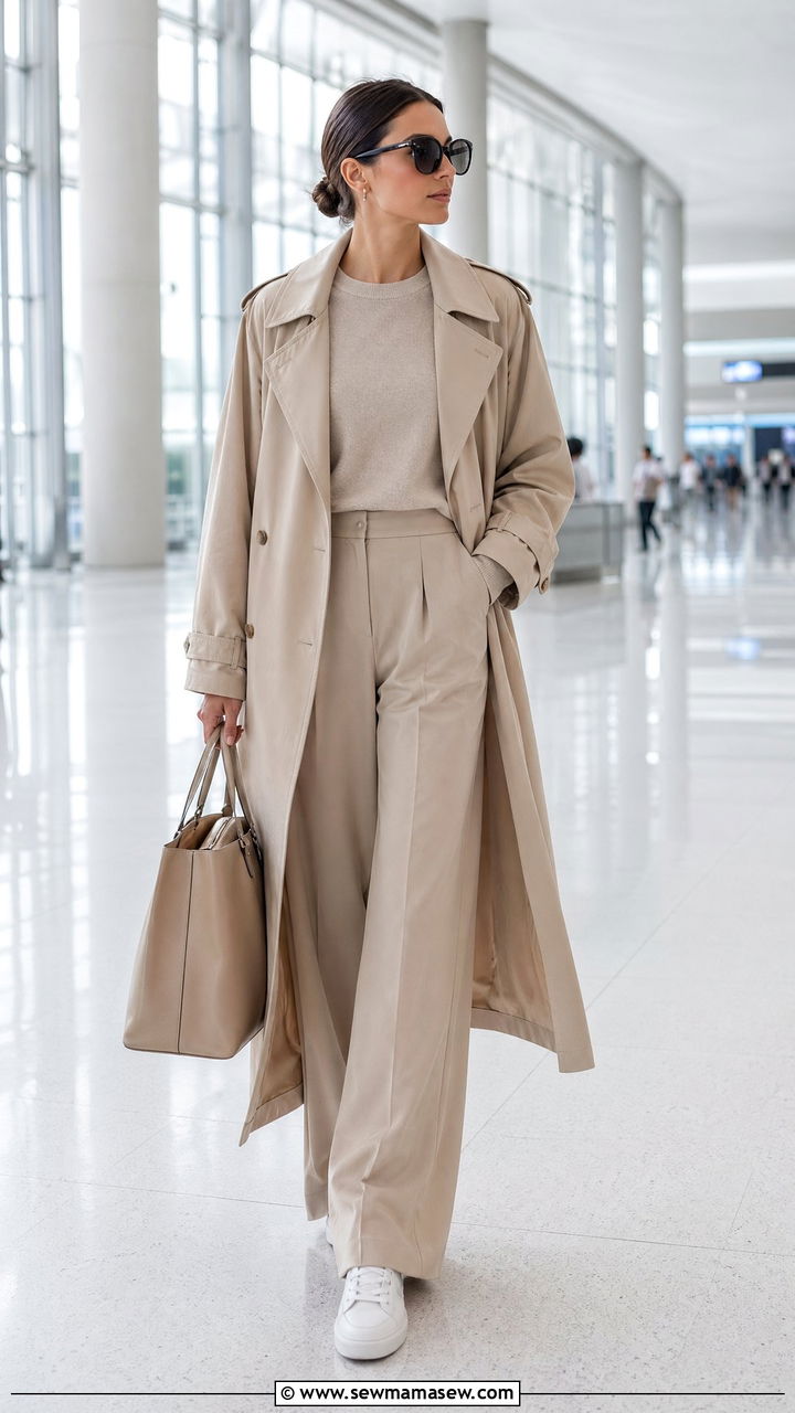 Monochrome Beige Ensemble With Wide Leg Pants And Sneakers - 40 Airport outfits for women