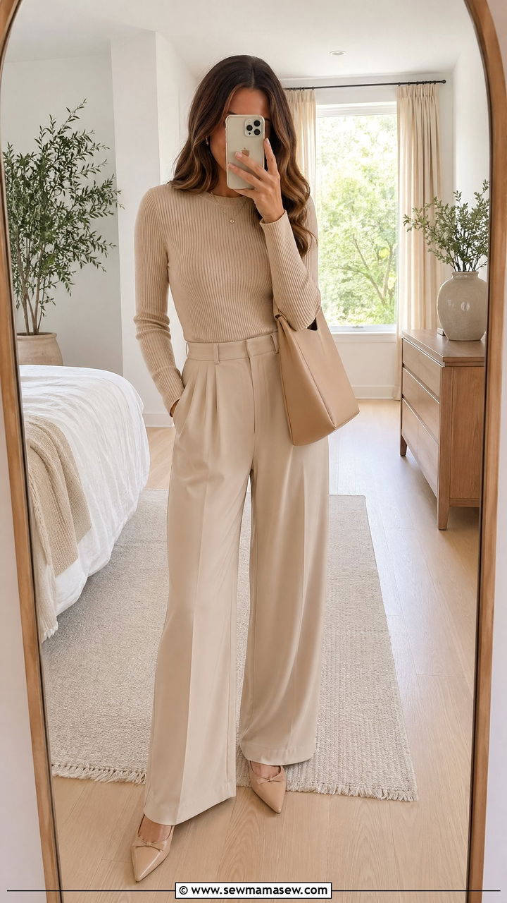 Monochrome Beige Ensemble with Knit Top and Wide Leg Pants - 35 spring elegant outfit ideas