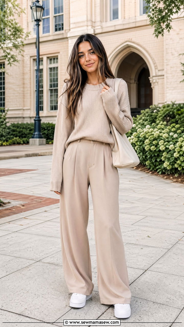 Monochrome Beige Ensemble with White Sneakers - 35 college outfits ideas