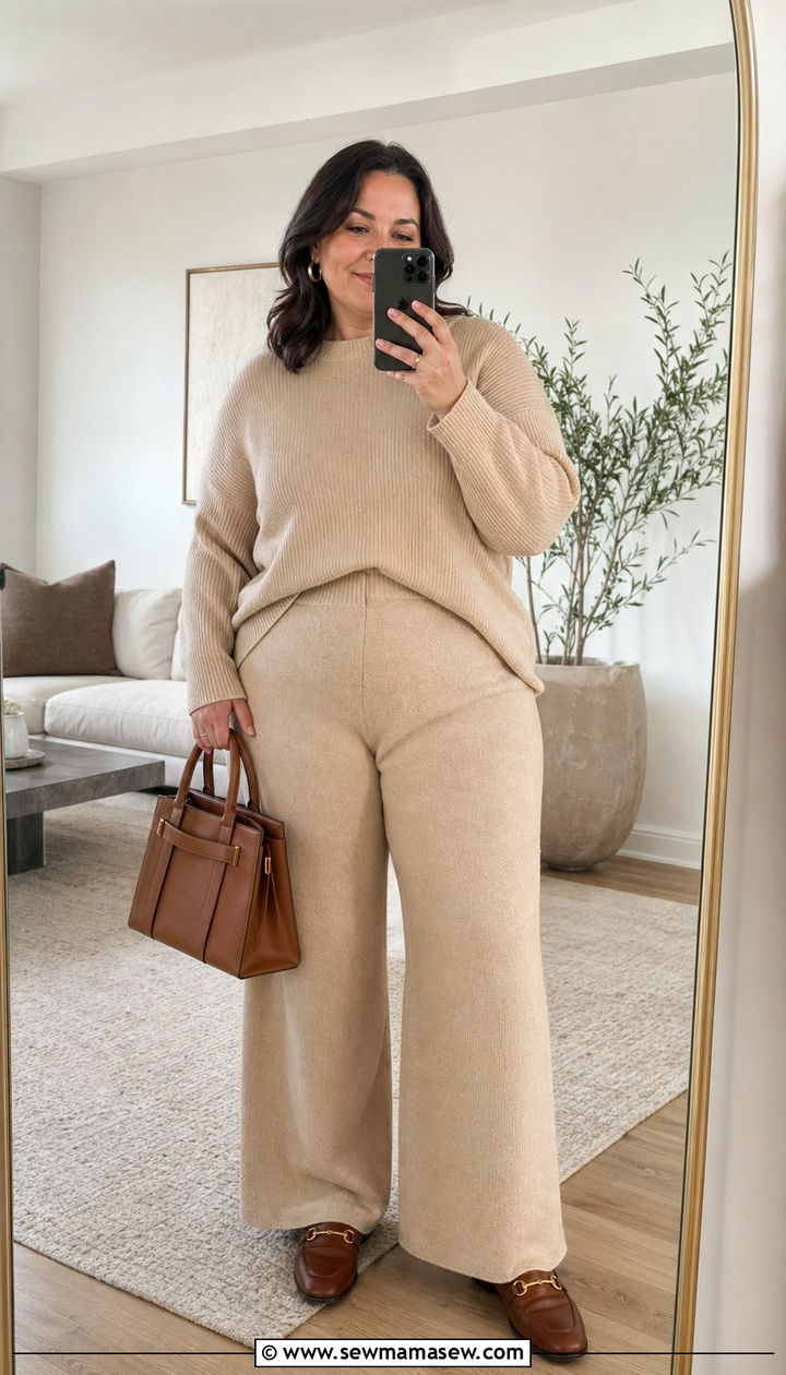 Monochrome Beige Knit Set With Loafers - 35 Plus size outfit ideas for women over 40