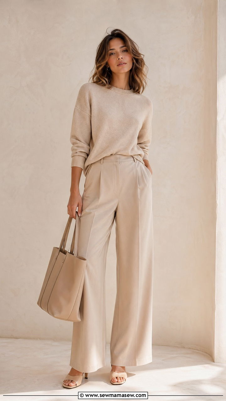 Monochrome Beige Knit Sweater With Matching Wide Leg Trousers - 35 classy summer to fall outfits
