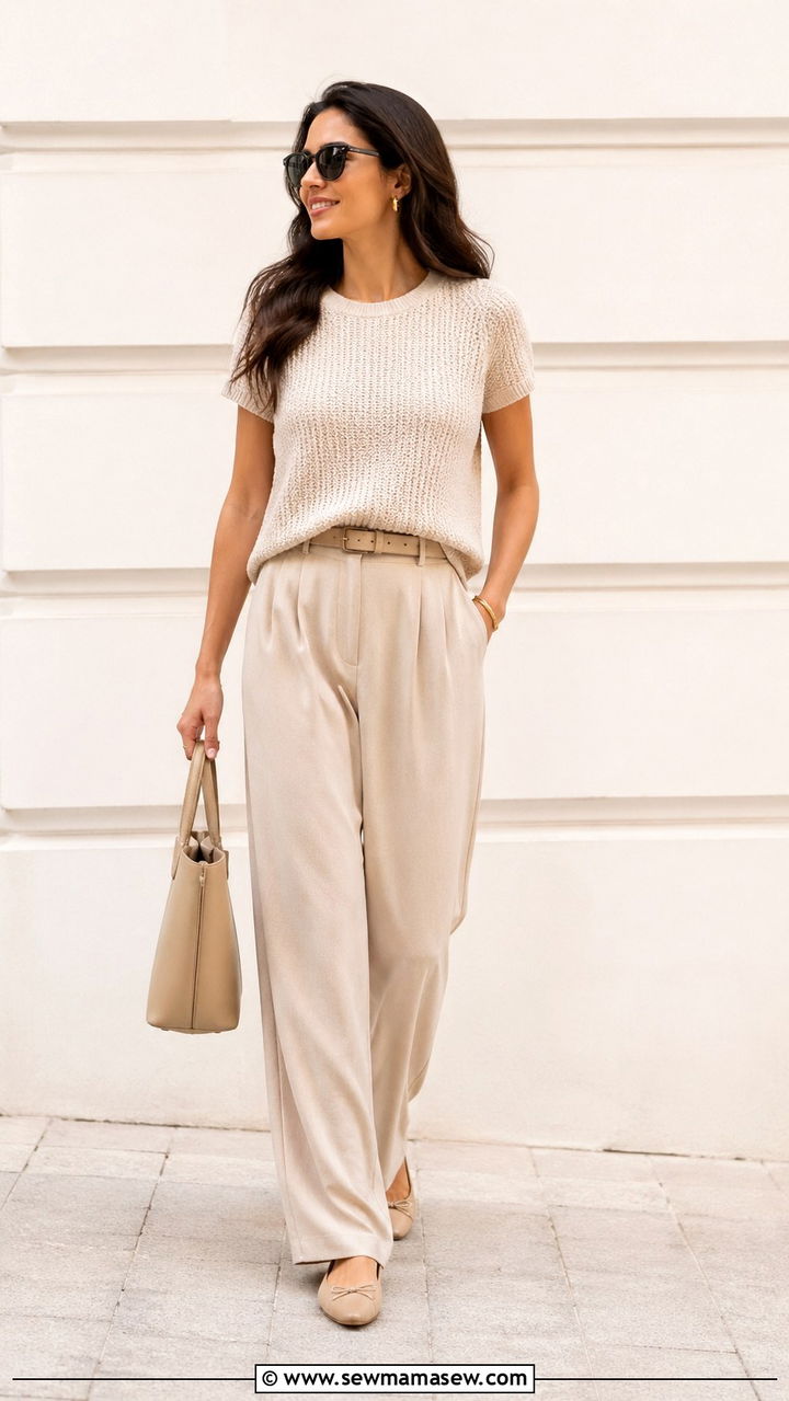 Monochrome Beige Outfit With Knit Top And Trousers - 30 Soft girl spring outfits