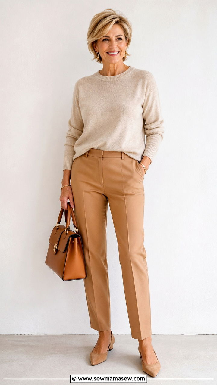 Monochrome Beige Outfit With Tailored Trousers Spring Outfit Over 50 - 30 Spring capsule wardrobe over 50