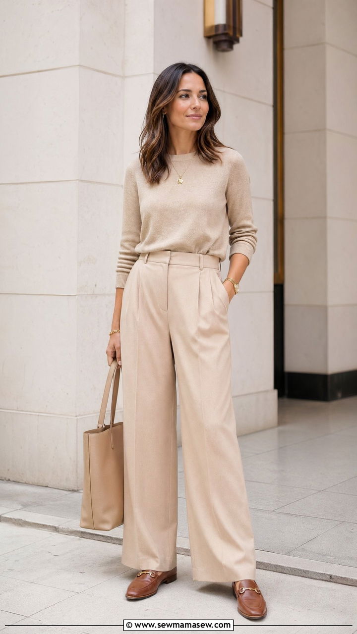 Monochrome Beige Outfit with Loafers - 35 spring outfit ideas casual