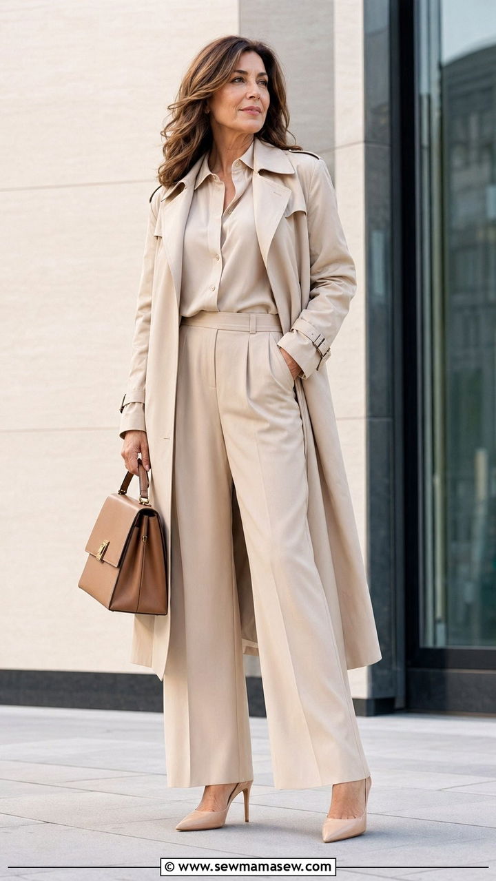 Monochrome Beige Outfit with Structured Bag - 35 Old money outfit ideas for women over 40