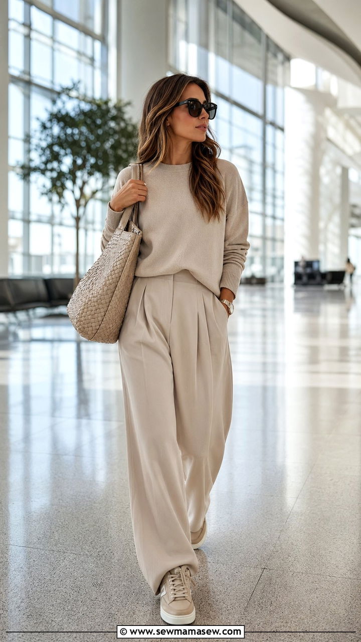 Monochrome Beige Set With Oversized Tote - 30 airport outfits Pinterest