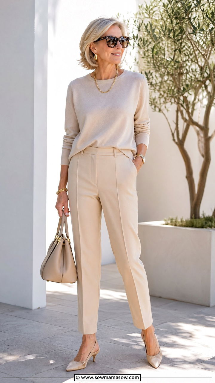 Monochrome Beige Set with Slingback Heels - 35 What to wear in spring for women over 50
