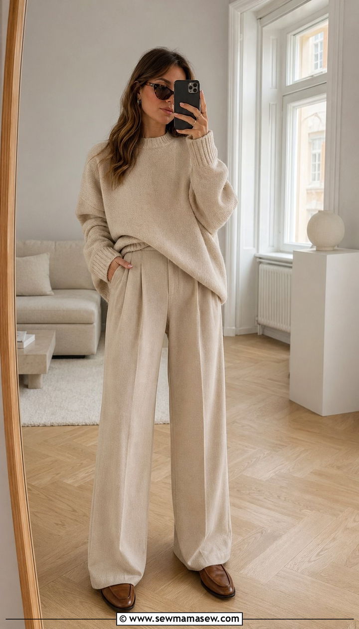 Monochrome Beige Sweater and Wide Leg Trousers Outfit - 35 Scandinavian outfit ideas