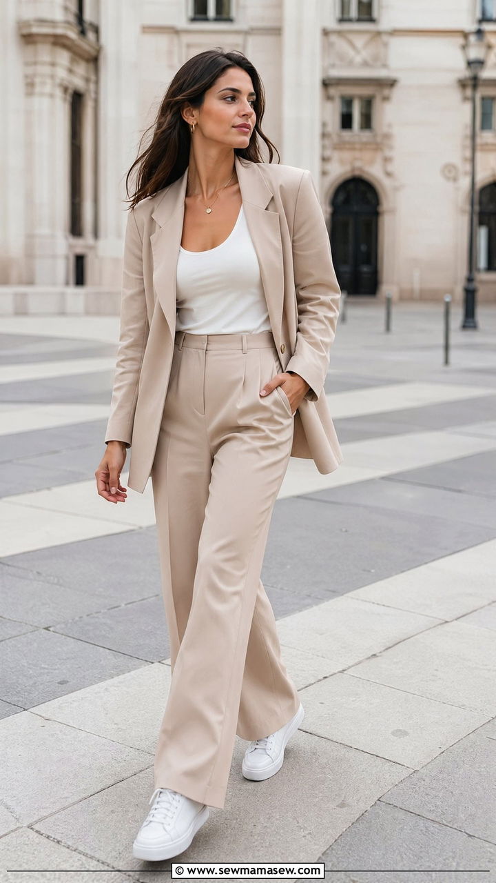 Monochrome Beige Tailored Suit With White Sneakers - 35 Spring London outfit ideas