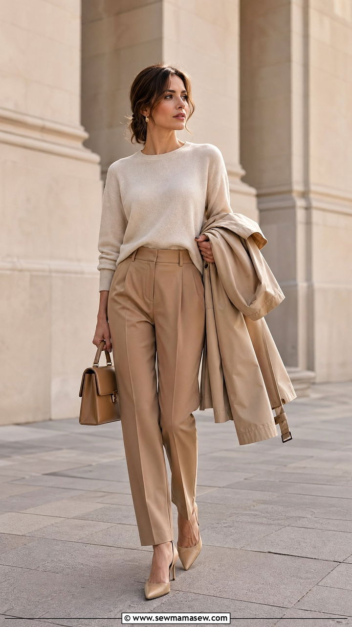 Monochrome Beige Tailored Trousers and Crewneck Sweater - 35 spring outfit ideas for women