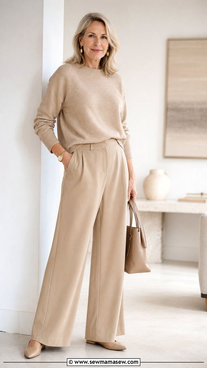 Monochrome Beige Two Piece Set - 30 Aesthetic outfit ideas for women over 50