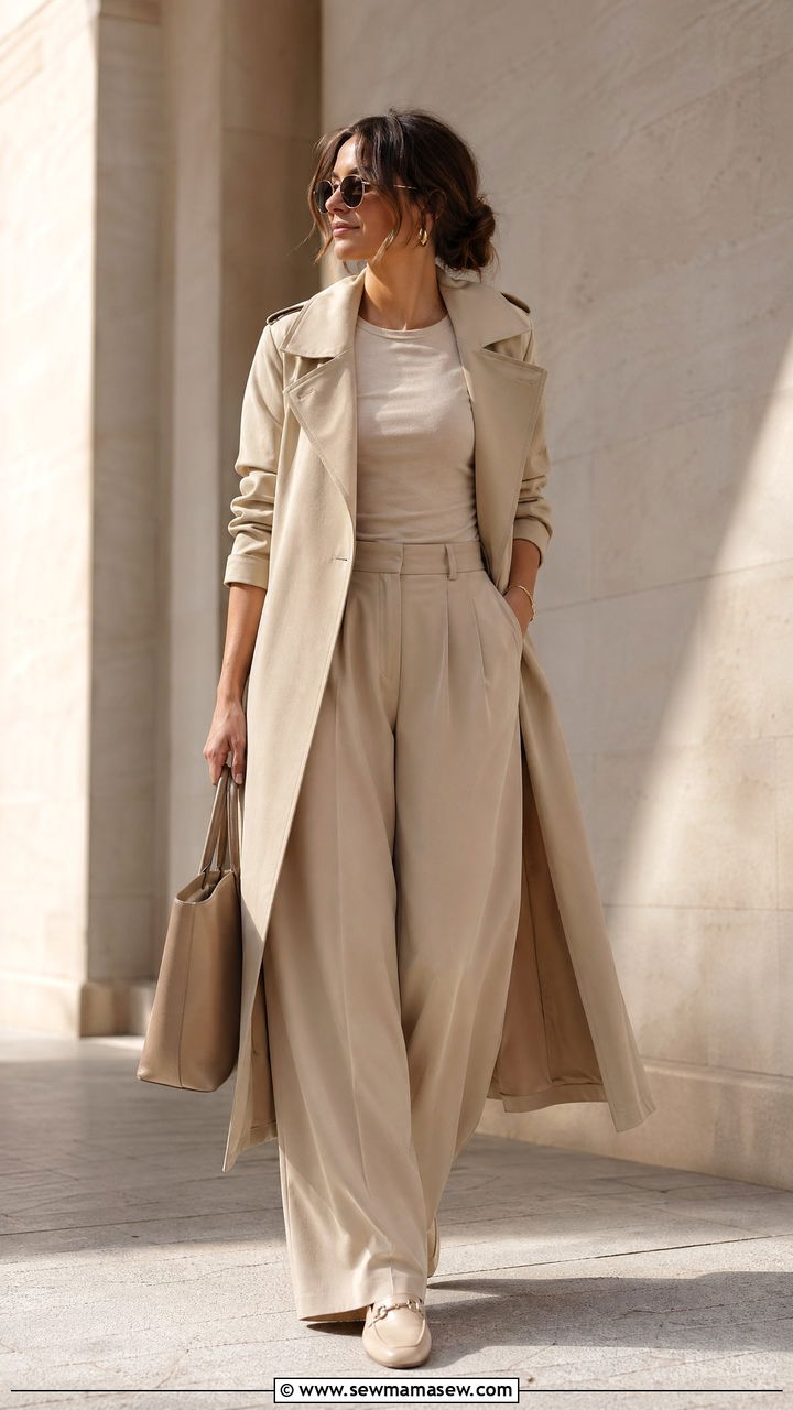 Monochrome Beige Wide Leg Trousers With Trench Coat - 35 summer work outfit ideas