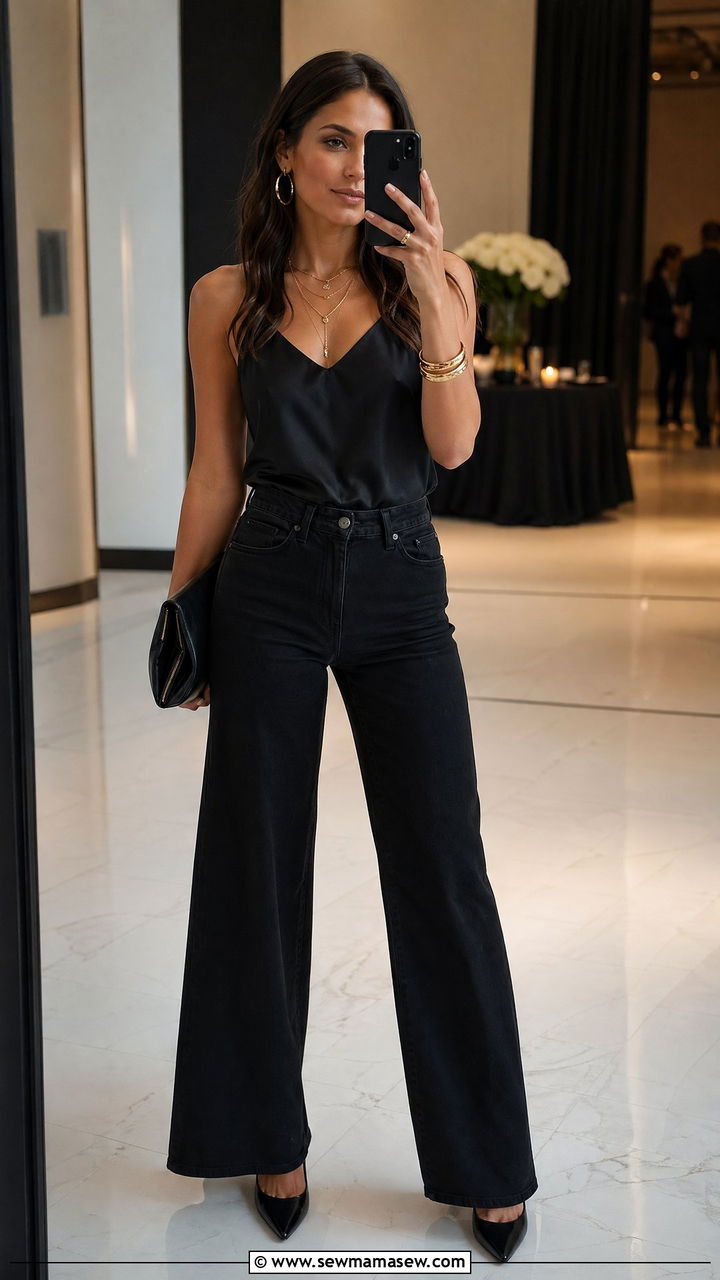 Monochrome Black Jeans With Matching Black Top And Gold Accessories - 35 classy jeans outfits