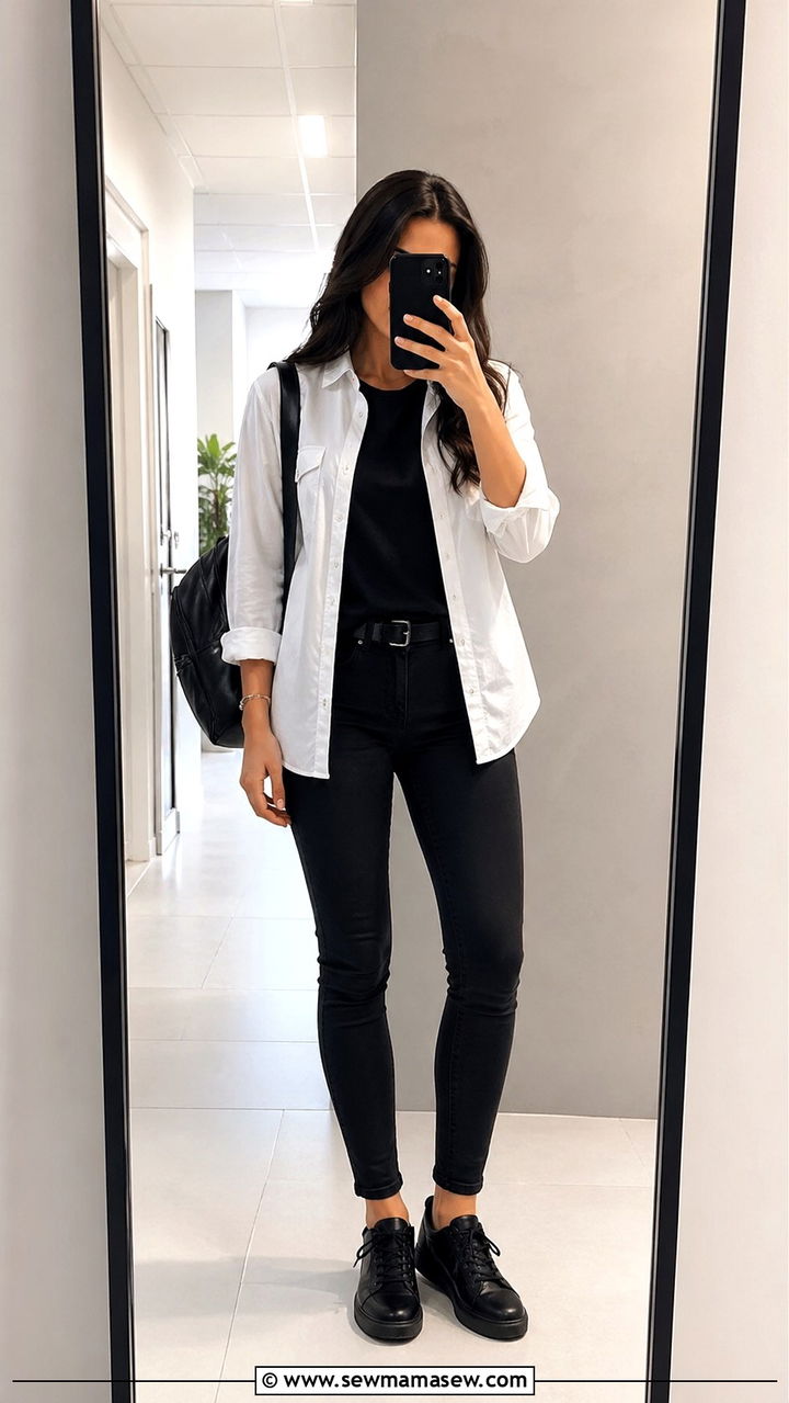 Monochrome Black Outfit With White Button Down Shirt School Outfit - 30 school outfits inspo