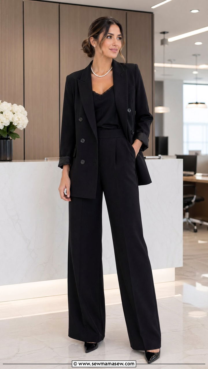 Monochrome Black Suit Set with Pearls and Pointed Pumps - 35 cute office outfits