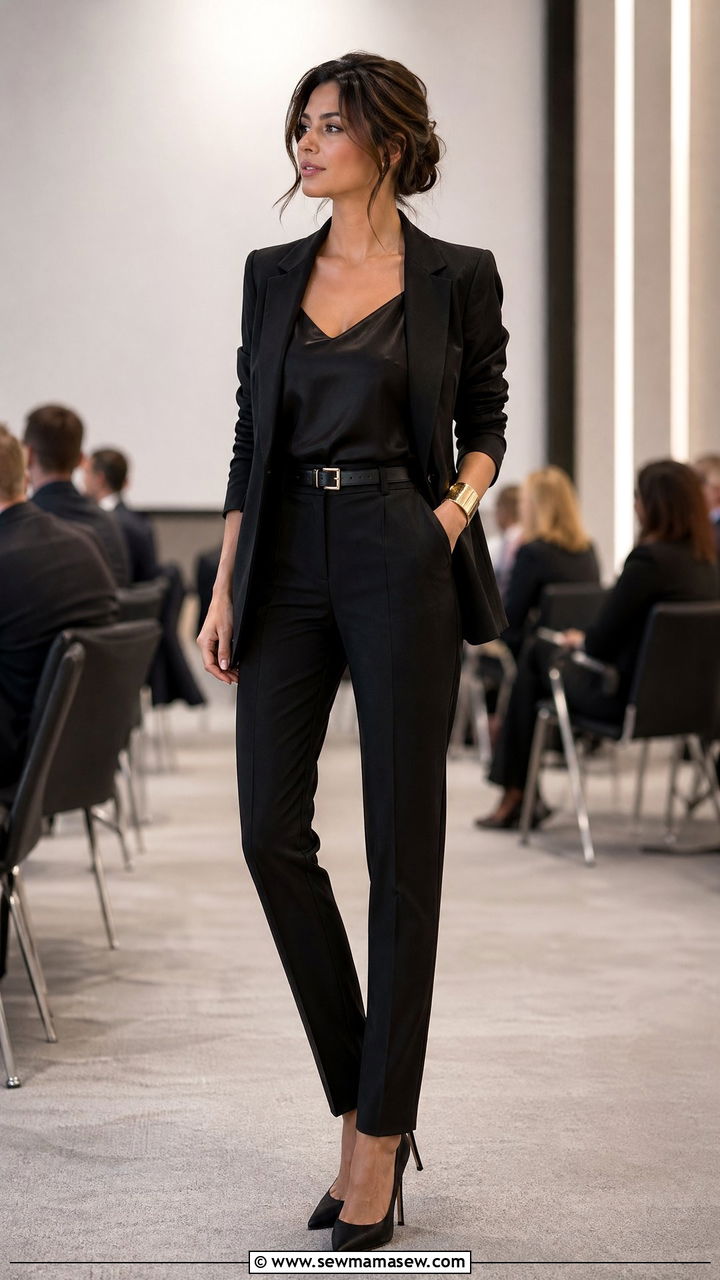 Monochrome Black Suit With Pointed Heels - 35 Work conference outfit ideas