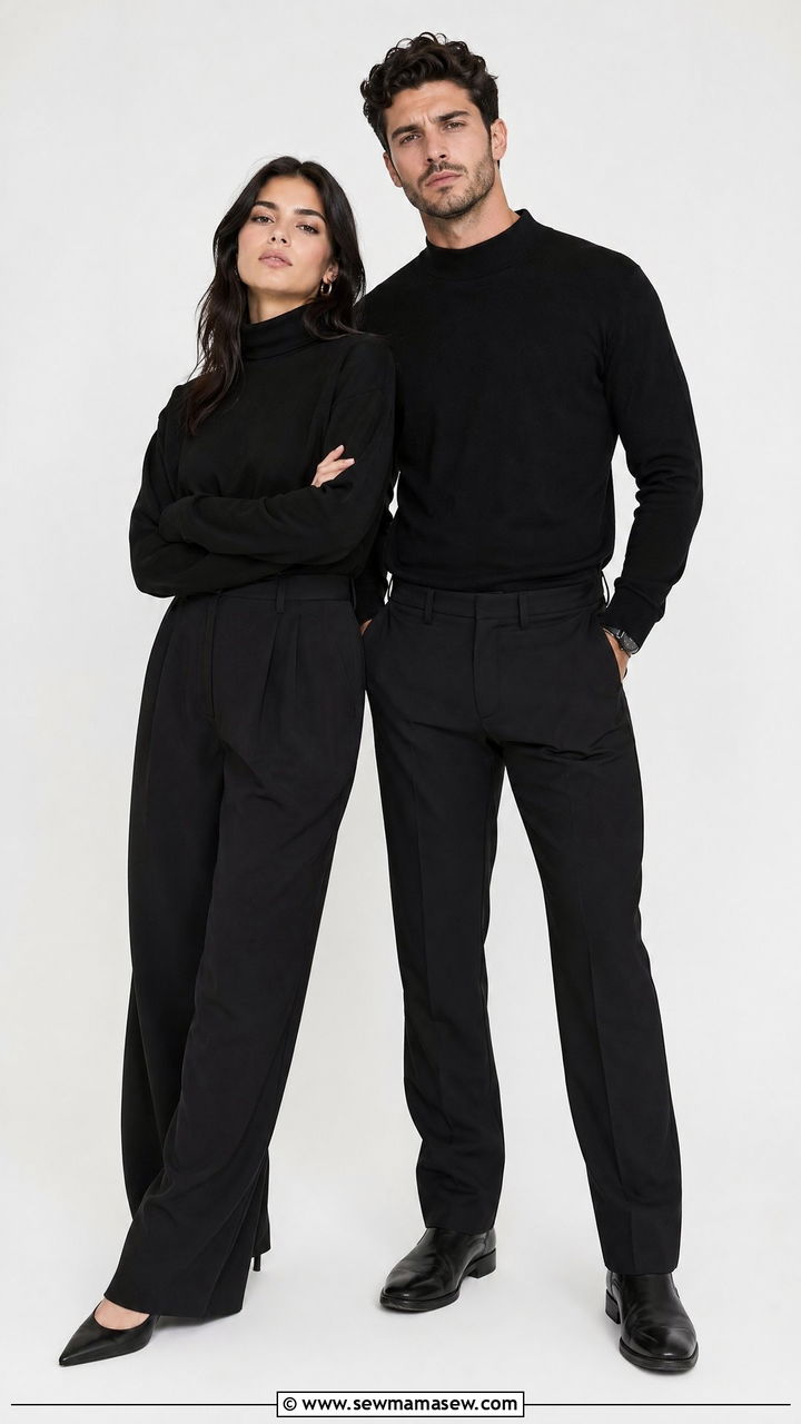 Monochrome Black Turtleneck and Trousers Minimalist Couple Outfit - 35 Couples photoshoot outfit ideas