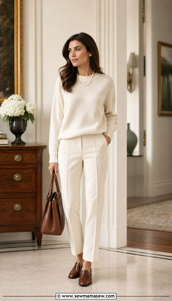 Monochrome Cream Knit Set With Loafers - 35 Old money outfit ideas for women over 50