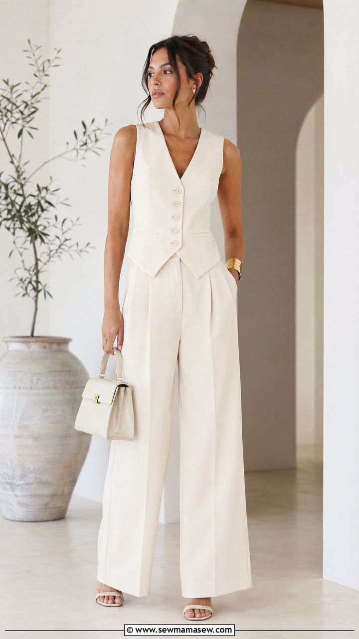 Monochrome Cream Tailored Vest and Trouser Outfit - 35 transitional classy outfit ideas