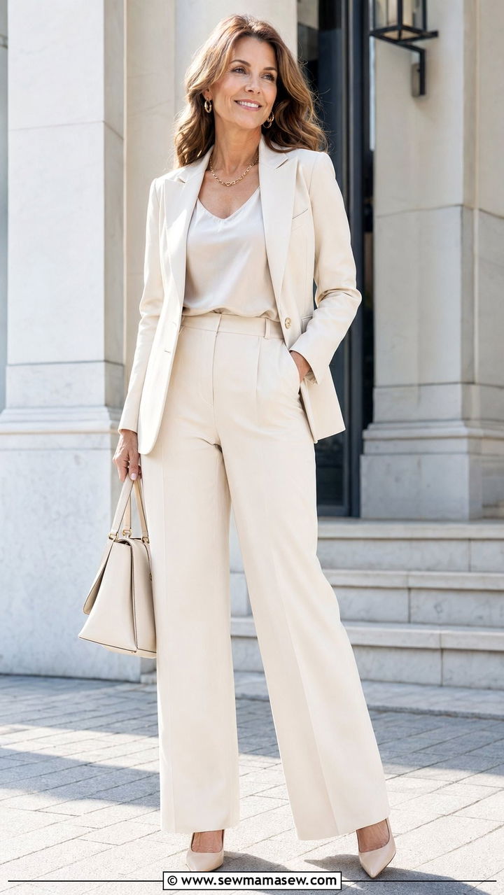 Monochrome Cream Wide Leg Suit With Delicate Gold Jewelry - 30 wide leg pants outfits for women over 40