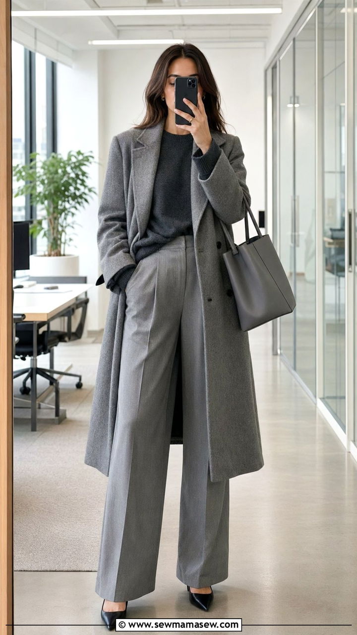 Monochrome Grey Layered Sweater and Coat - 35 Office outfit ideas for women