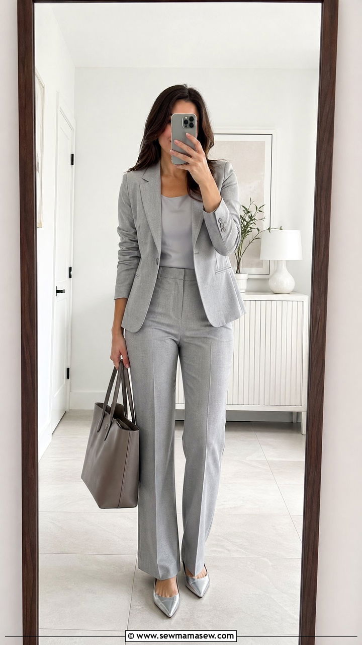 Monochrome Grey Pants With Matching Shell And Blazer Summer Interview Outfit - 35 Summer job interview outfits