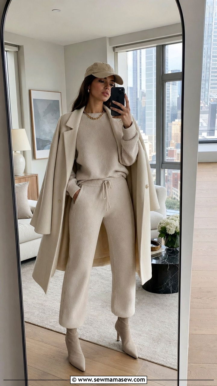 Monochrome Knit Co Ord with Long Coat - 30 Basketball game outfit ideas