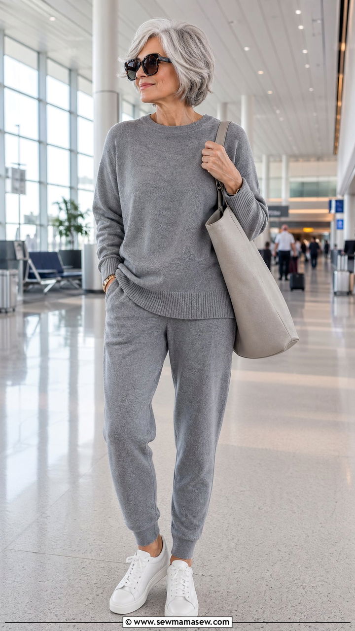 Monochrome Knit Lounge Set for Airport Travel - 35 Vacation outfit ideas for women over 50