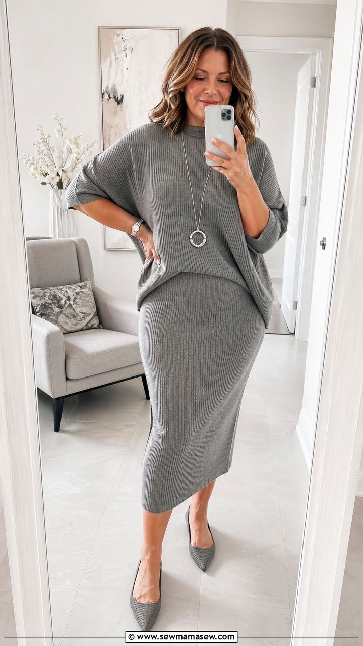 Monochrome Knit Set with Pointed Flats - 35 Curvy outfits for women over 40
