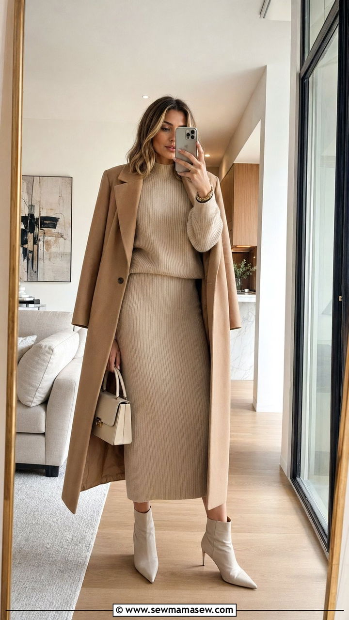 Monochrome Knit Set with Structured Coat - 30 work outfits ideas