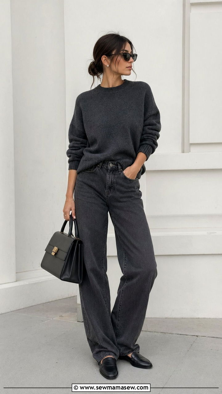 Monochrome Knit With Baggy Jeans and Minimal Loafers - 30 Baggy jeans outfit ideas with loafers
