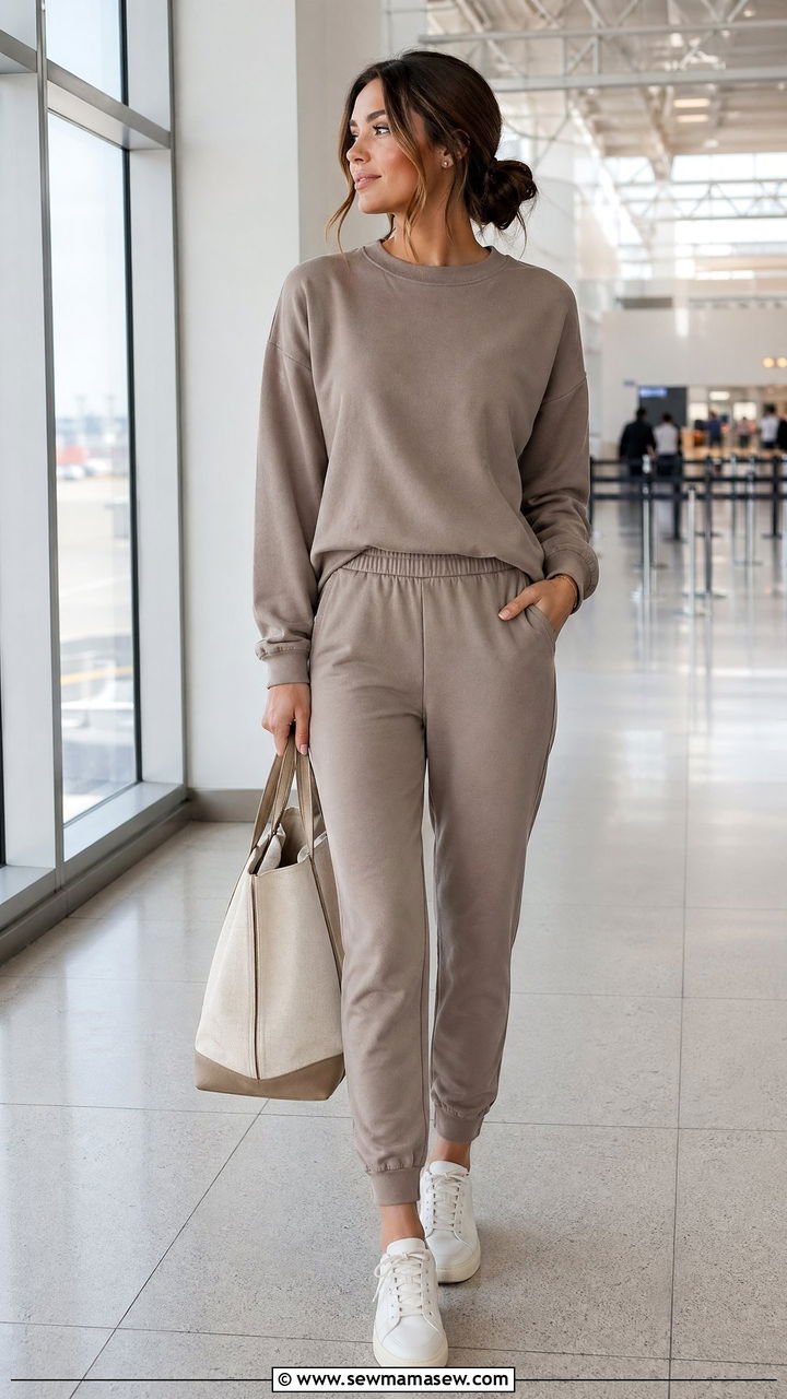 Monochrome Lounge Set With Minimal Sneakers - 35 classy airport outfits