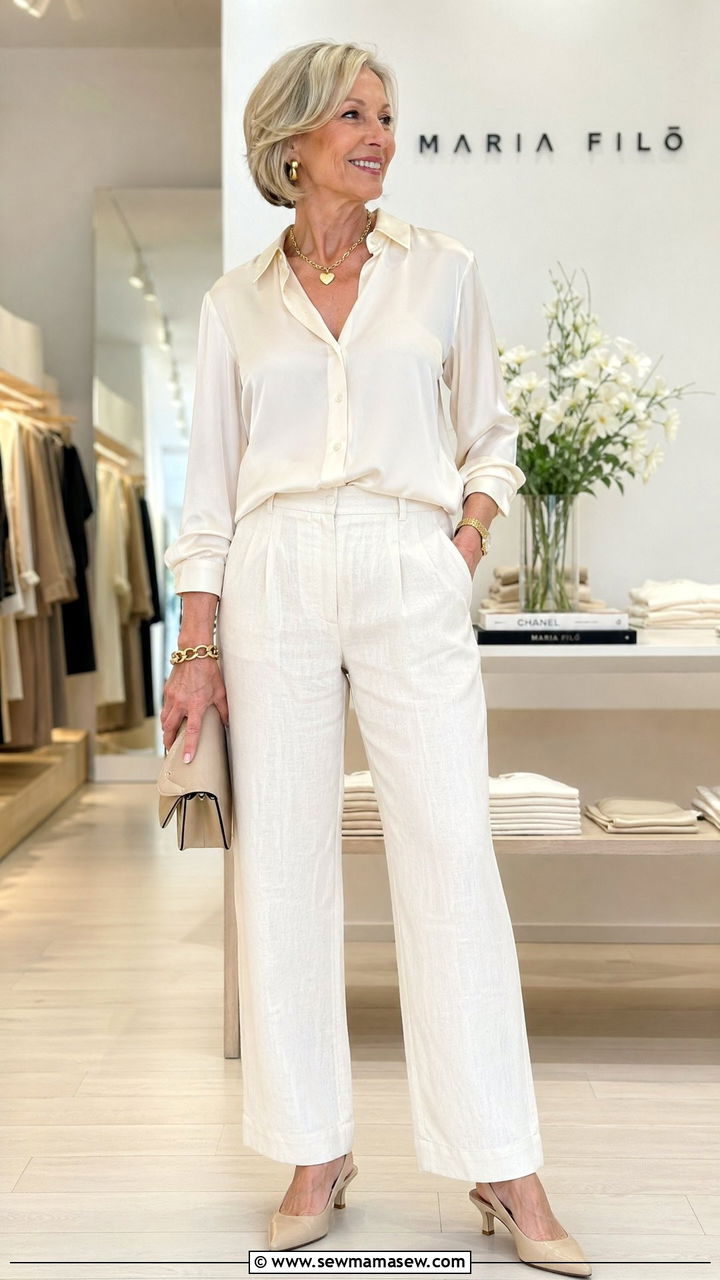 Monochrome Neutral Set with Slingbacks - 35 spring outfit ideas for women over 50