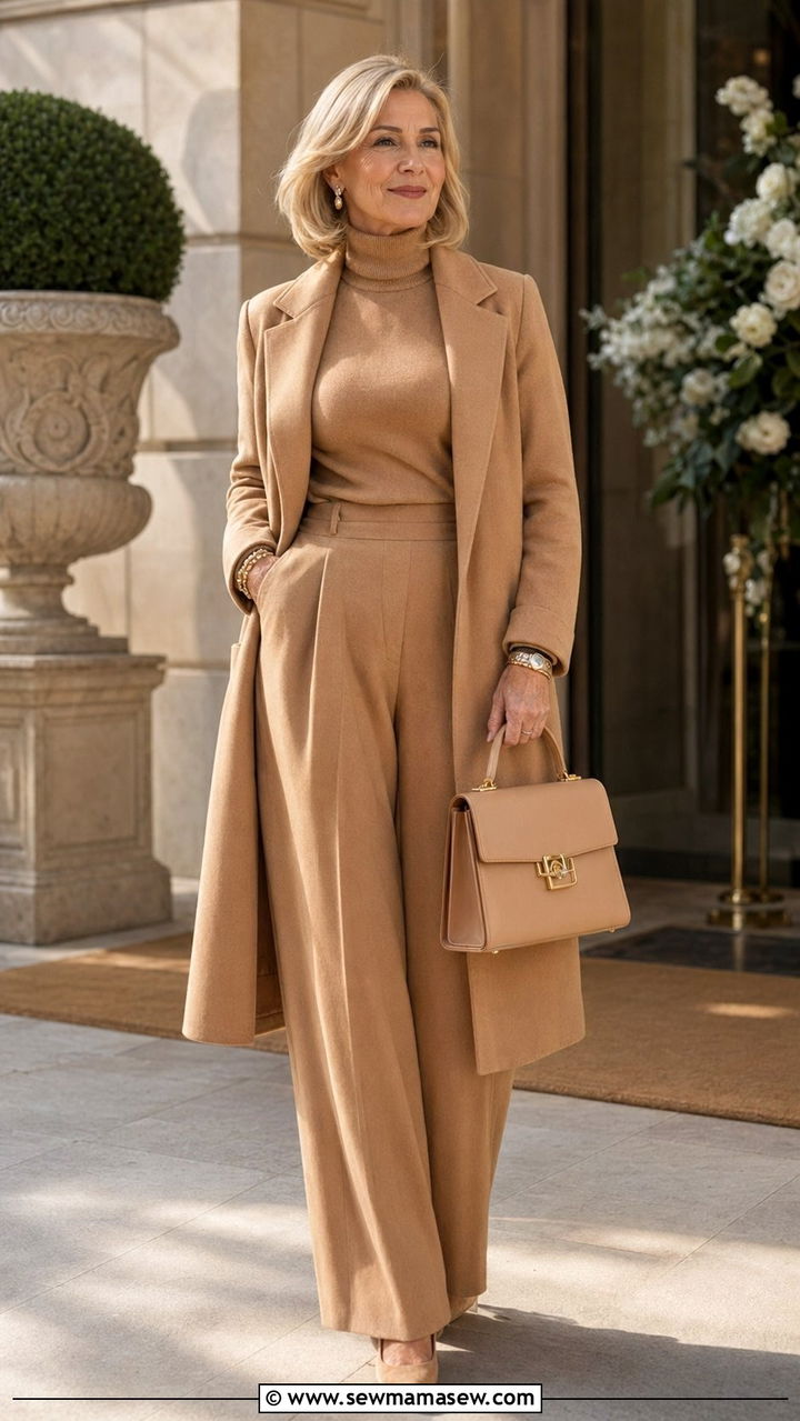 Monochrome Outfit in Camel Tones - 35 Old money outfits for women over 50