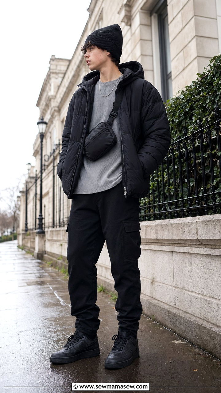 Monochrome Puffer Jacket and Cargo Pants Outfit - 30 back to school outfits aesthetic
