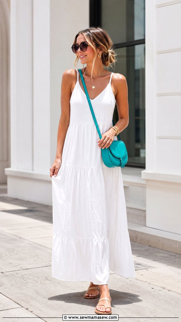 Monochrome Sundress With Bold Colorful Bag - 35 Summer outfits with sundresses