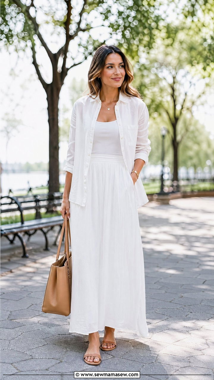 Monochrome White Linen Button Down With White Maxi Skirt - 35 summer work outfit ideas
