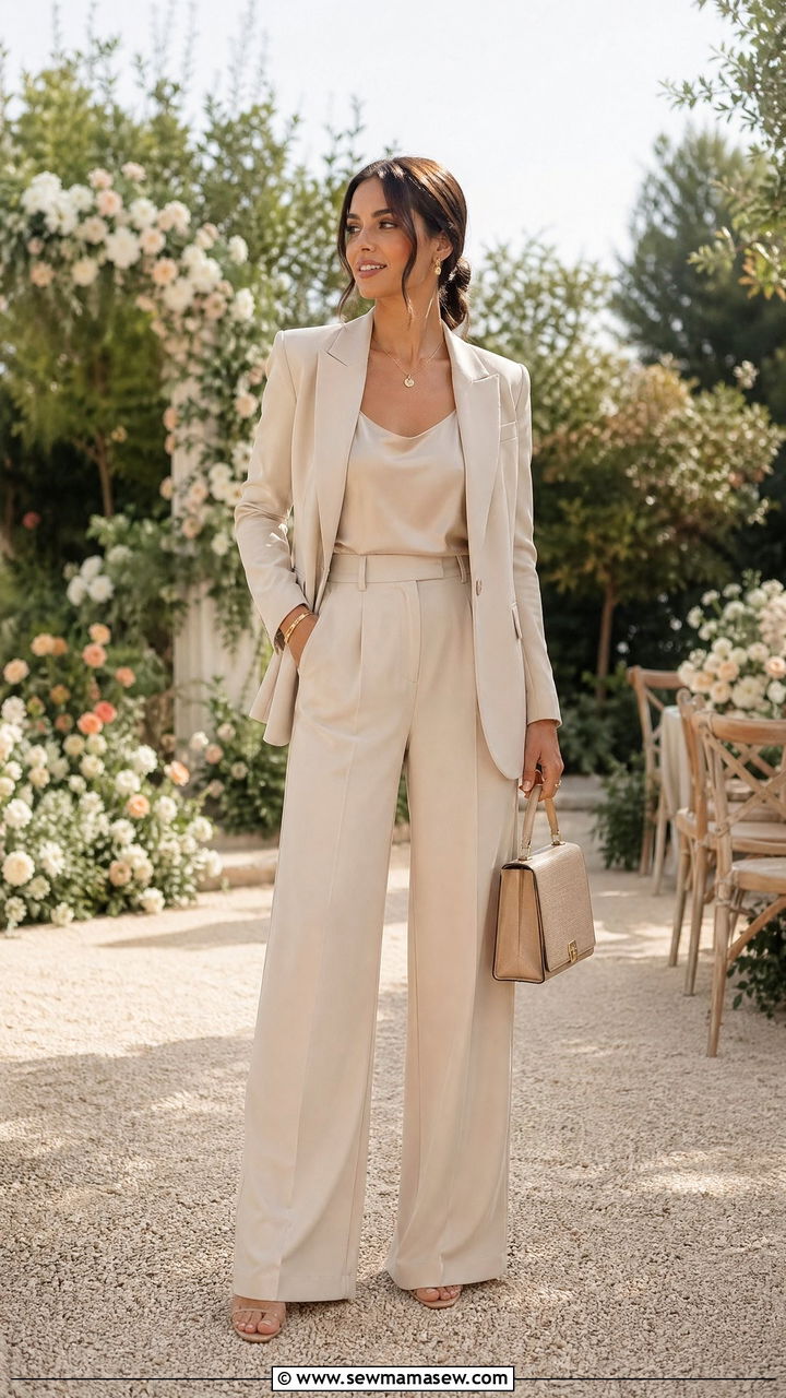 Monochrome Wide Leg Pants and Matching Blazer Set - 35 Wedding guest wide leg pants outfit ideas