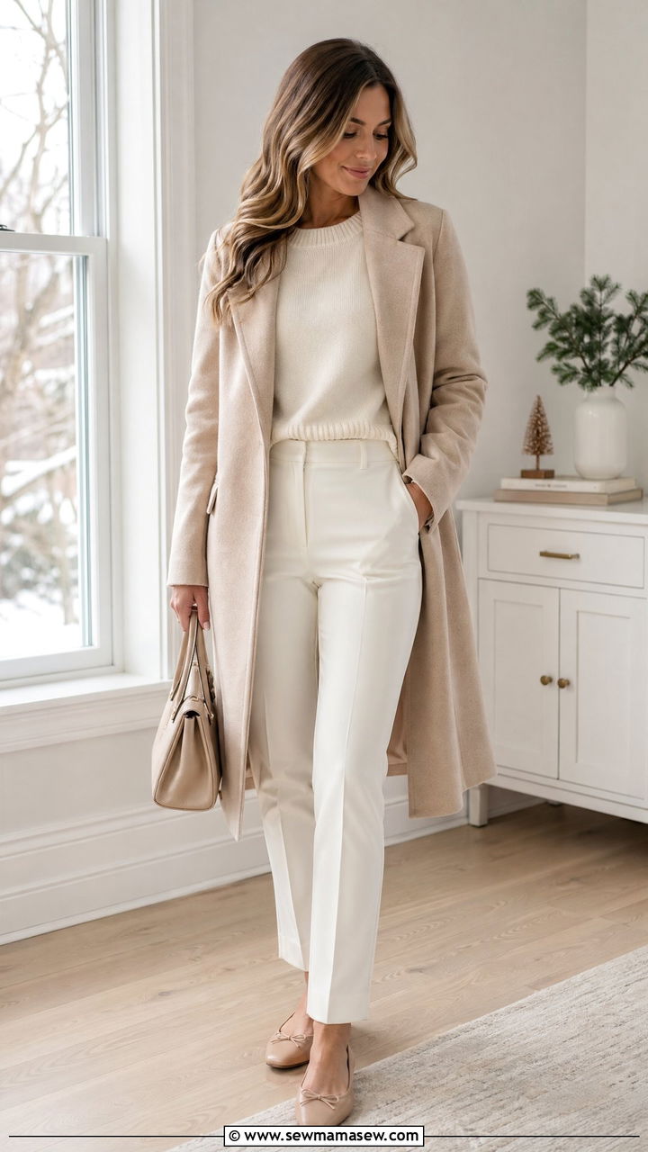 Monochrome Winter White Outfit With Nude Flats - 35 Counselor outfit ideas